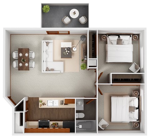 Floor plan for 2 beds, 1 bath, 808 sqft